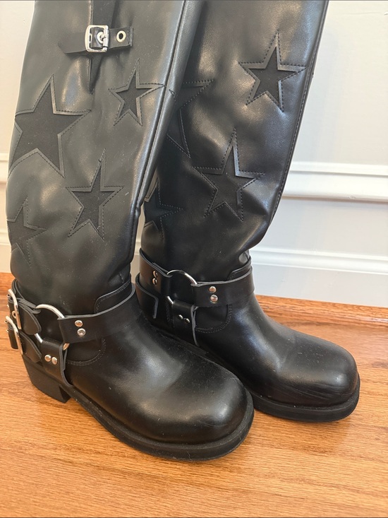 Shoes - Riding Boots 🏍️ Harley Style Slip On Motorcycle Black Chunky Heel Silver Buckle